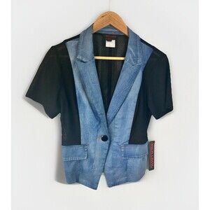 Simon Chang Women’s Size 6 Denim Mesh Short Sleeve Blazer Jacket NWT